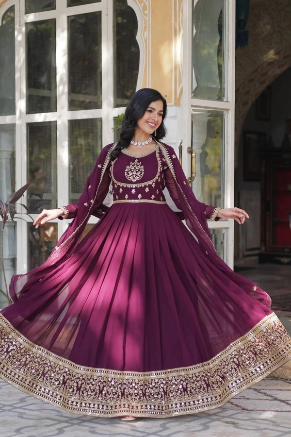 Azorte Fashion Elegant Faux Blooming Georgette Gown with Sequins Embroidery – Designer Gown with Dupatta - Wine Berry, M (38)