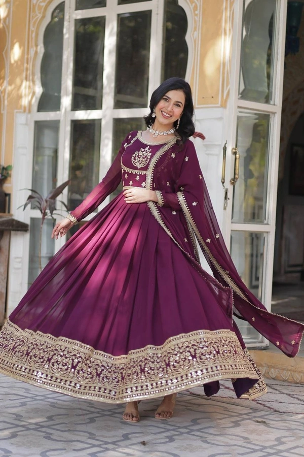Azorte Fashion Elegant Faux Blooming Georgette Gown with Sequins Embroidery – Designer Gown with Dupatta - Wine Berry, M (38)