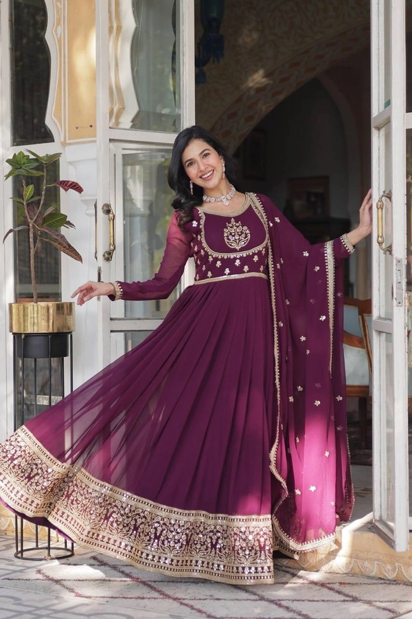 Azorte Fashion Elegant Faux Blooming Georgette Gown with Sequins Embroidery – Designer Gown with Dupatta - Wine Berry, M (38)