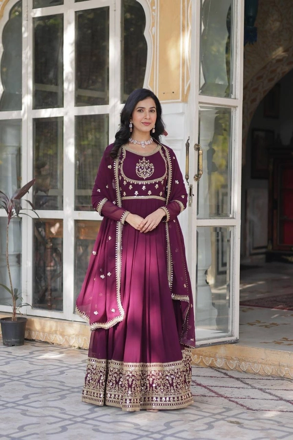 Azorte Fashion Elegant Faux Blooming Georgette Gown with Sequins Embroidery – Designer Gown with Dupatta - Wine Berry, M (38)