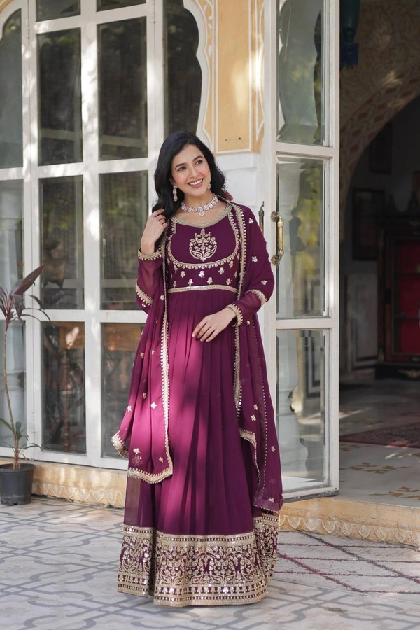 Azorte Fashion Elegant Faux Blooming Georgette Gown with Sequins Embroidery – Designer Gown with Dupatta - Wine Berry, M (38)