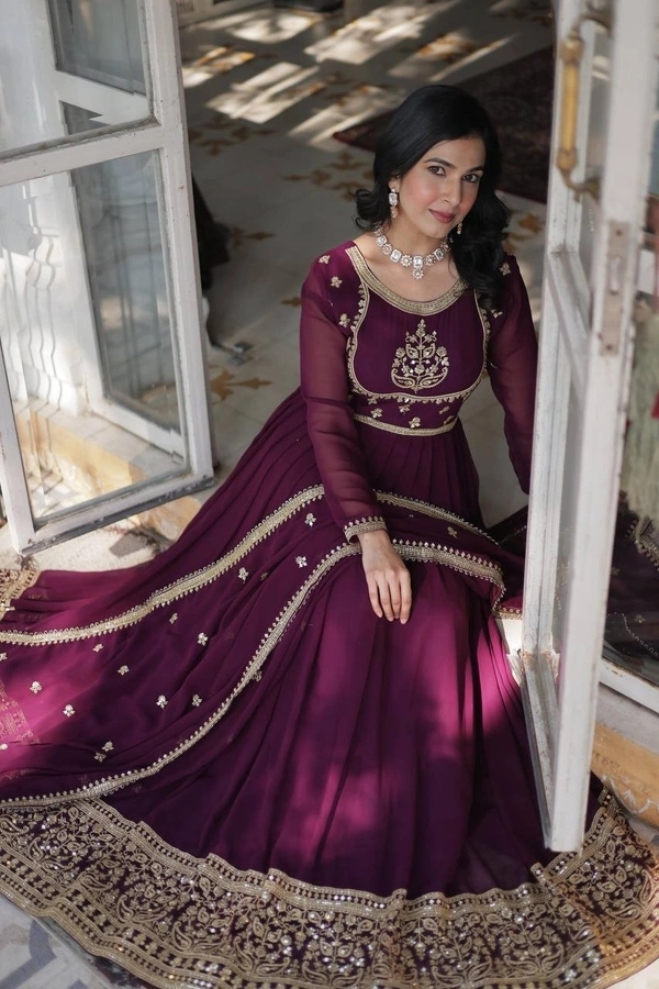 Azorte Fashion Elegant Faux Blooming Georgette Gown with Sequins Embroidery – Designer Gown with Dupatta - Wine Berry, M (38)