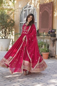 Azorte Fashion Elegant Faux Blooming Georgette Gown with Sequins Embroidery – Designer Gown with Dupatta - Maroon Flush, L (40)