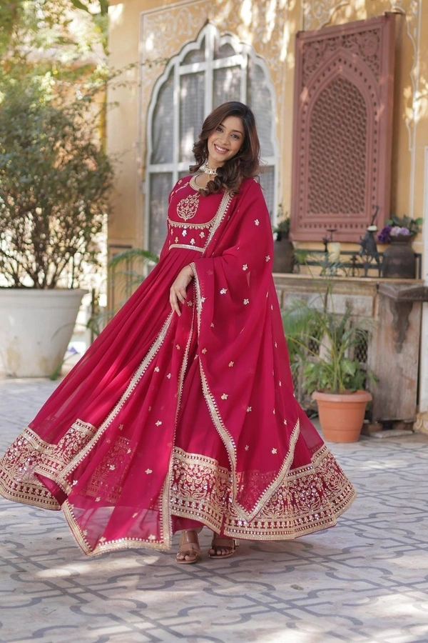 Azorte Fashion Elegant Faux Blooming Georgette Gown with Sequins Embroidery – Designer Gown with Dupatta - Maroon Flush, L (40)