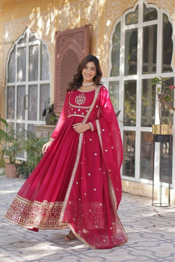 Azorte Fashion Elegant Faux Blooming Georgette Gown with Sequins Embroidery – Designer Gown with Dupatta - Maroon Flush, L (40)