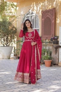 Azorte Fashion Elegant Faux Blooming Georgette Gown with Sequins Embroidery – Designer Gown with Dupatta - Maroon Flush, L (40)