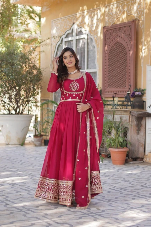 Azorte Fashion Elegant Faux Blooming Georgette Gown with Sequins Embroidery – Designer Gown with Dupatta - Maroon Flush, L (40)
