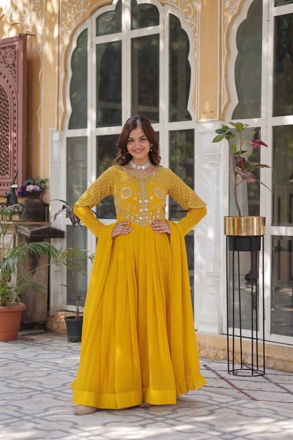 Azorte Fashion Elegant Faux Blooming Georgette Gown with Dupatta – Premium Ethnic Wear - Buddha Gold, XL (42)