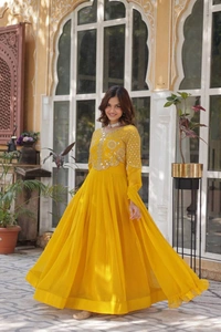 Azorte Fashion Elegant Faux Blooming Georgette Gown with Dupatta – Premium Ethnic Wear - Buddha Gold, XL (42)