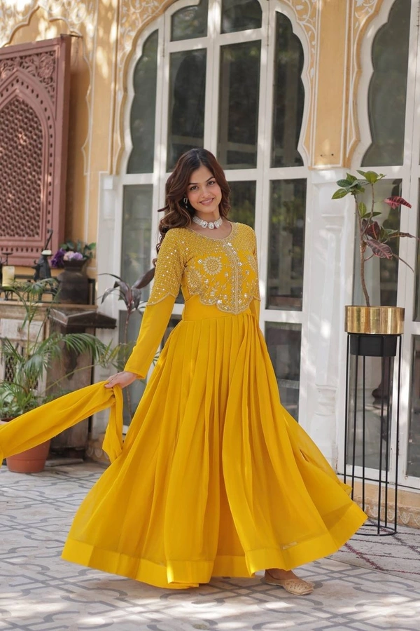 Azorte Fashion Elegant Faux Blooming Georgette Gown with Dupatta – Premium Ethnic Wear - Buddha Gold, XL (42)