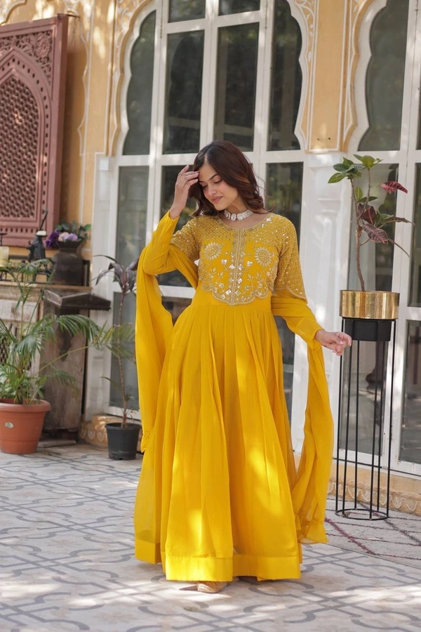 Azorte Fashion Elegant Faux Blooming Georgette Gown with Dupatta – Premium Ethnic Wear - Buddha Gold, XL (42)