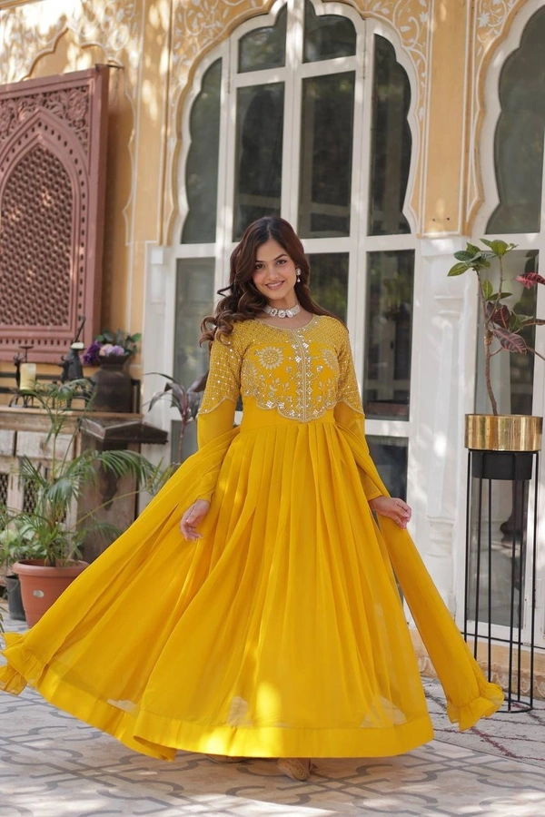Azorte Fashion Elegant Faux Blooming Georgette Gown with Dupatta – Premium Ethnic Wear - Buddha Gold, XL (42)