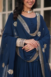 Azorte Fashion Luxury Embroidered Zari Sequins Work Gown with Dupatta – Elegant Party Wear - Cloud Burst, M (38)