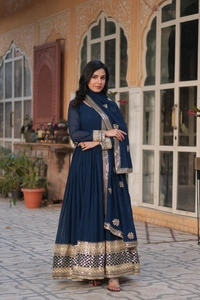 Azorte Fashion Luxury Embroidered Zari Sequins Work Gown with Dupatta – Elegant Party Wear - Cloud Burst, M (38)