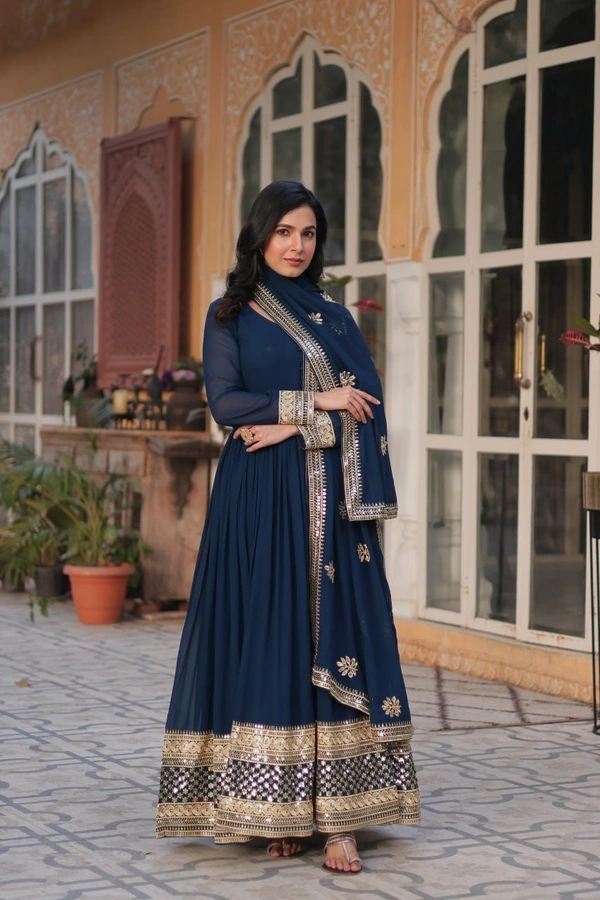 Azorte Fashion Luxury Embroidered Zari Sequins Work Gown with Dupatta – Elegant Party Wear - Cloud Burst, M (38)