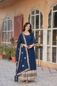 Azorte Fashion Luxury Embroidered Zari Sequins Work Gown with Dupatta – Elegant Party Wear - Cloud Burst, M (38)