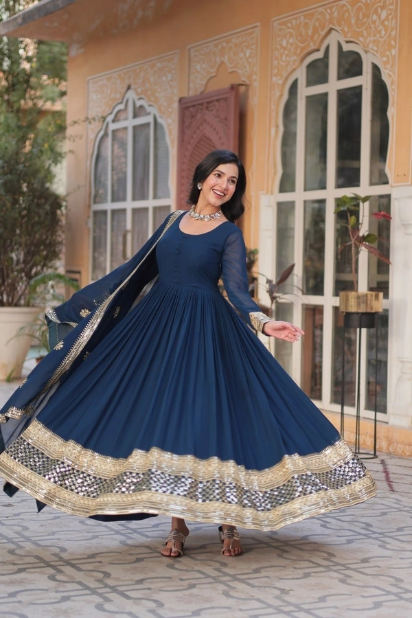 Azorte Fashion Luxury Embroidered Zari Sequins Work Gown with Dupatta – Elegant Party Wear - Cloud Burst, M (38)