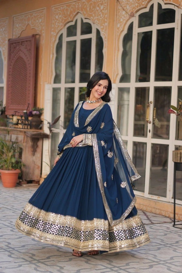 Azorte Fashion Luxury Embroidered Zari Sequins Work Gown with Dupatta – Elegant Party Wear - Cloud Burst, M (38)