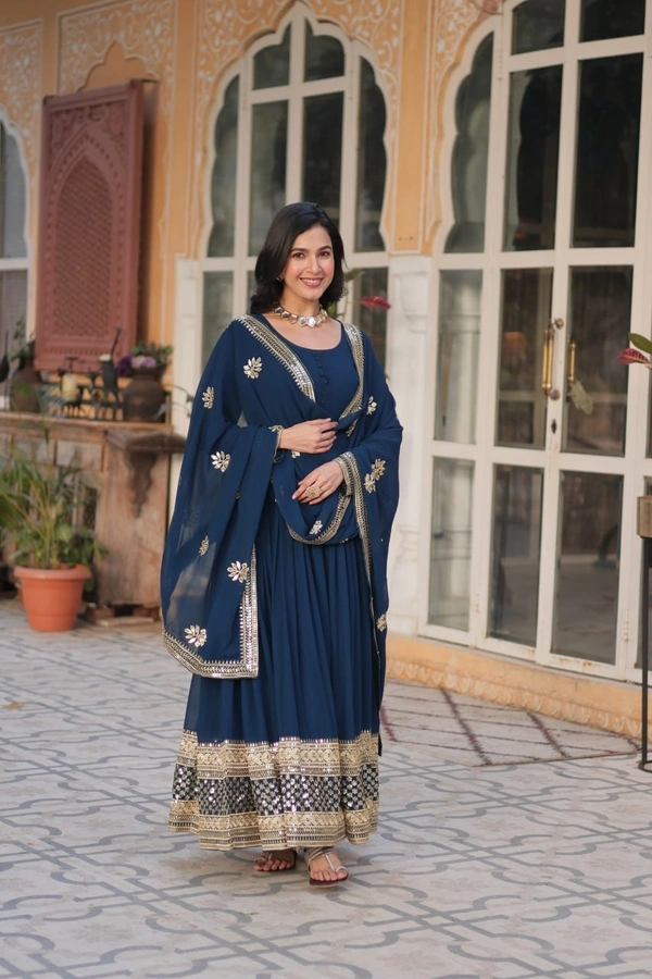 Azorte Fashion Luxury Embroidered Zari Sequins Work Gown with Dupatta – Elegant Party Wear - Cloud Burst, M (38)