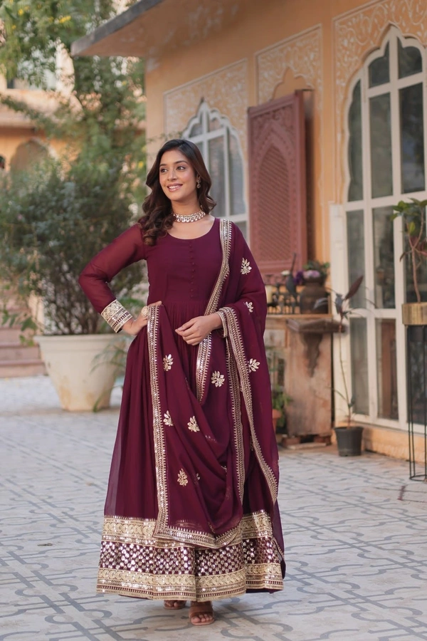 Azorte Fashion Luxury Embroidered Zari Sequins Work Gown with Dupatta – Elegant Party Wear - Wine Berry, L (40)