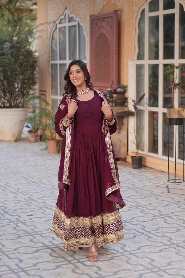 Azorte Fashion Luxury Embroidered Zari Sequins Work Gown with Dupatta – Elegant Party Wear - Wine Berry, L (40)