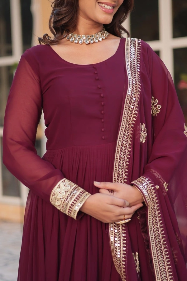 Azorte Fashion Luxury Embroidered Zari Sequins Work Gown with Dupatta – Elegant Party Wear - Wine Berry, L (40)
