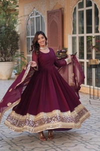 Azorte Fashion Luxury Embroidered Zari Sequins Work Gown with Dupatta – Elegant Party Wear - Wine Berry, L (40)