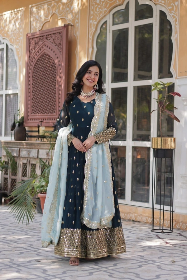 Azorte Fashion Elegant Embroidered Zari Sequins Gown with Tabby Silk Dupatta – Festive & Party Wear - XL (42)