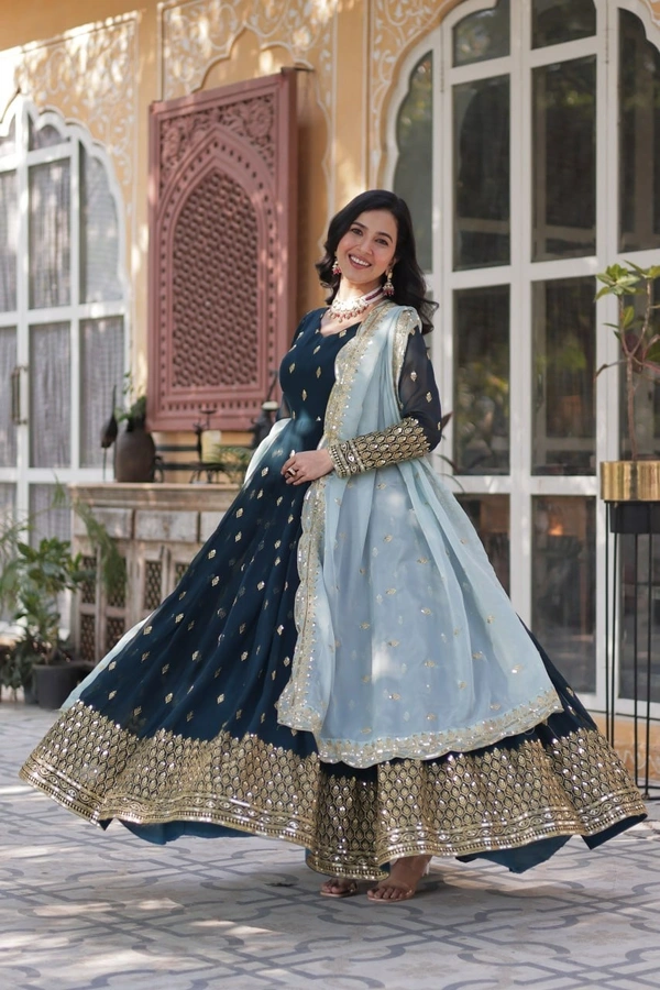 Azorte Fashion Elegant Embroidered Zari Sequins Gown with Tabby Silk Dupatta – Festive & Party Wear - XL (42)