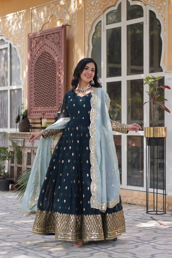 Azorte Fashion Elegant Embroidered Zari Sequins Gown with Tabby Silk Dupatta – Festive & Party Wear - XL (42)