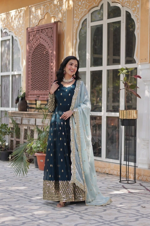 Azorte Fashion Elegant Embroidered Zari Sequins Gown with Tabby Silk Dupatta – Festive & Party Wear - XL (42)