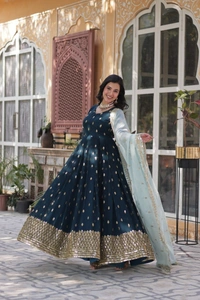 Azorte Fashion Elegant Embroidered Zari Sequins Gown with Tabby Silk Dupatta – Festive & Party Wear - XL (42)