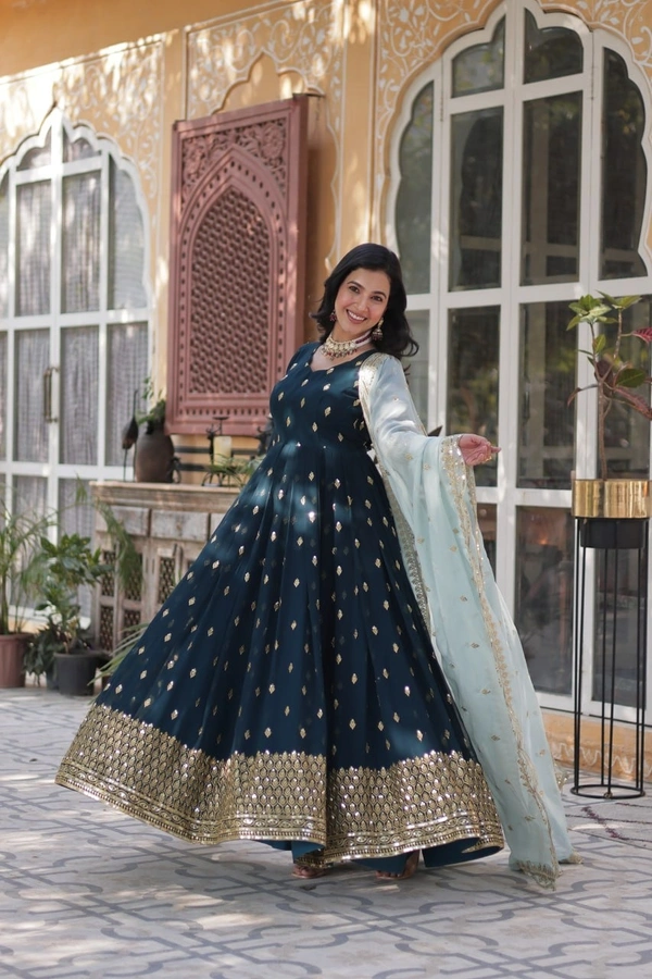 Azorte Fashion Elegant Embroidered Zari Sequins Gown with Tabby Silk Dupatta – Festive & Party Wear - XL (42)