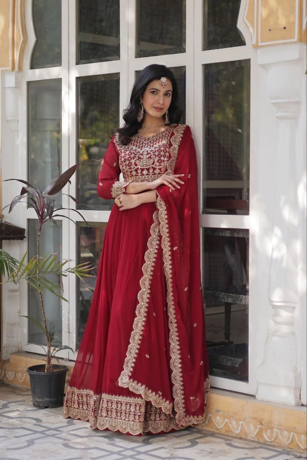 Azorte Fashion Elegant Embroidered Zari Sequins Gown with Faux Blooming Dupatta – Festive & Party Wear - Merlot, XXL (44)