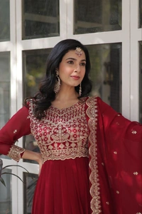 Azorte Fashion Elegant Embroidered Zari Sequins Gown with Faux Blooming Dupatta – Festive & Party Wear - Merlot, XXL (44)