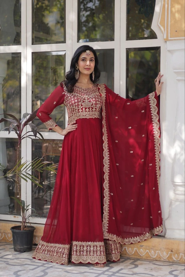 Azorte Fashion Elegant Embroidered Zari Sequins Gown with Faux Blooming Dupatta – Festive & Party Wear - Merlot, XXL (44)