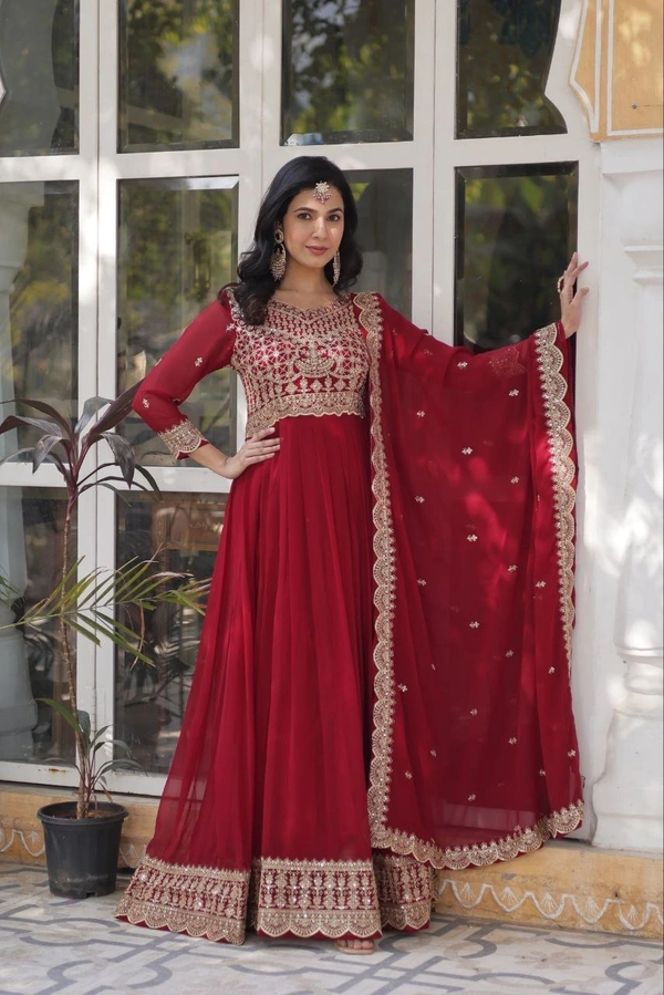 Azorte Fashion Elegant Embroidered Zari Sequins Gown with Faux Blooming Dupatta – Festive & Party Wear - Merlot, XXL (44)