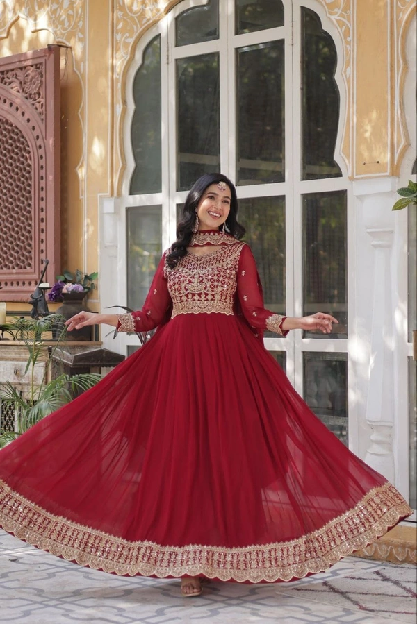 Azorte Fashion Elegant Embroidered Zari Sequins Gown with Faux Blooming Dupatta – Festive & Party Wear - Merlot, XXL (44)