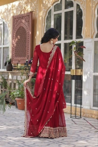 Azorte Fashion Elegant Embroidered Zari Sequins Gown with Faux Blooming Dupatta – Festive & Party Wear - Merlot, XXL (44)