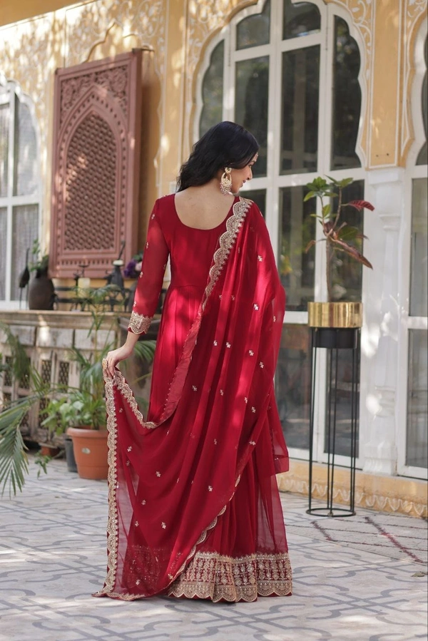 Azorte Fashion Elegant Embroidered Zari Sequins Gown with Faux Blooming Dupatta – Festive & Party Wear - Merlot, XXL (44)
