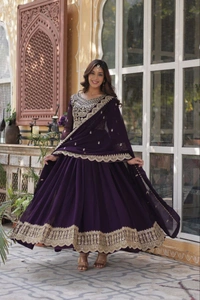 Azorte Fashion Elegant Embroidered Zari Sequins Gown with Faux Blooming Dupatta – Festive & Party Wear - Cocoa Brown, M (38)