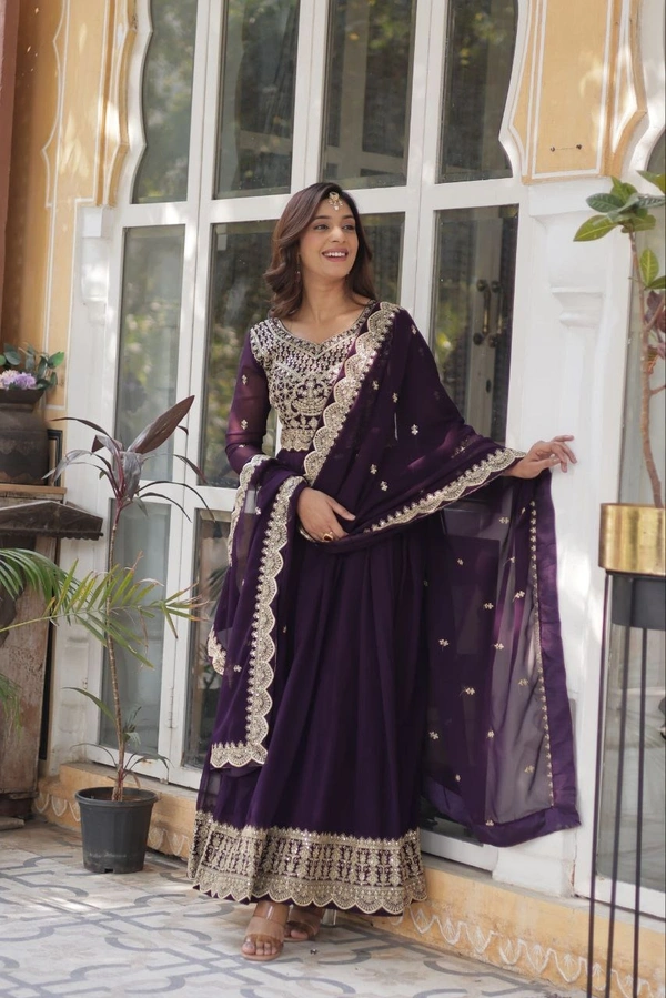 Azorte Fashion Elegant Embroidered Zari Sequins Gown with Faux Blooming Dupatta – Festive & Party Wear - Cocoa Brown, M (38)