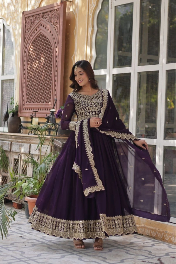 Azorte Fashion Elegant Embroidered Zari Sequins Gown with Faux Blooming Dupatta – Festive & Party Wear - Cocoa Brown, M (38)