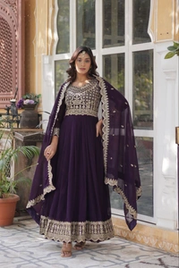 Azorte Fashion Elegant Embroidered Zari Sequins Gown with Faux Blooming Dupatta – Festive & Party Wear - Cocoa Brown, M (38)