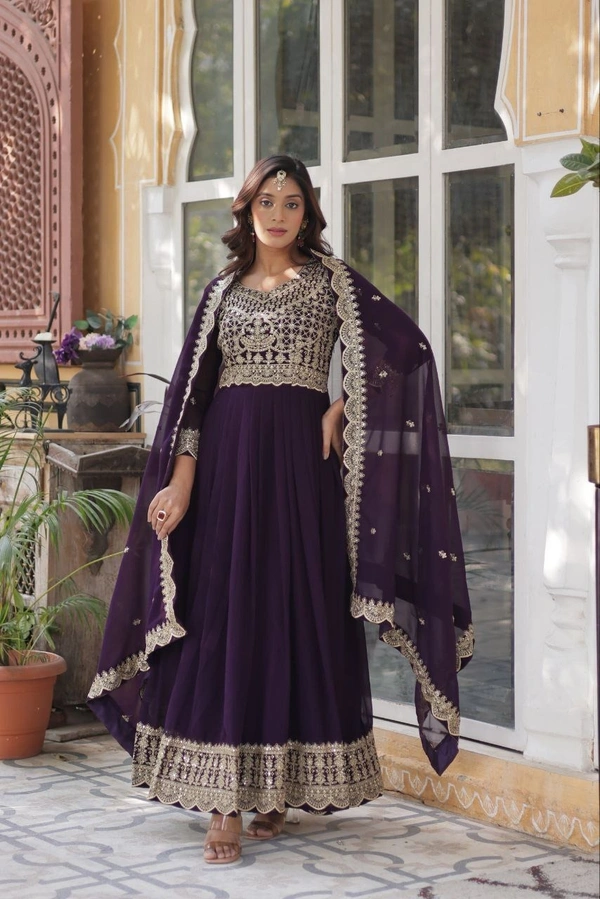 Azorte Fashion Elegant Embroidered Zari Sequins Gown with Faux Blooming Dupatta – Festive & Party Wear - Cocoa Brown, M (38)