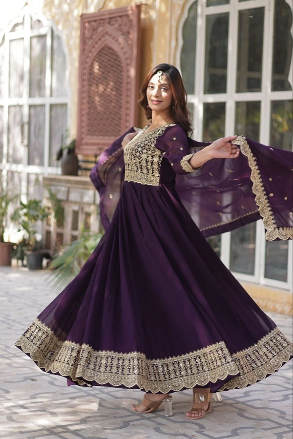 Azorte Fashion Elegant Embroidered Zari Sequins Gown with Faux Blooming Dupatta – Festive & Party Wear - Cocoa Brown, M (38)