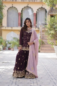 Azorte Fashion Elegant Faux Blooming Kurti & Plazzo Set with Sequins Embroidery – Festive & Party Wear - Revolver, L (40)