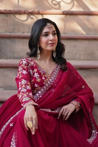 Azorte Fashion Elegant Faux Blooming Gown with Zari Sequins Embroidery & Designer Dupatta – Perfect for Festive & Party Wear - Shiraz, M (38)