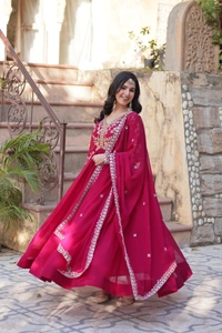 Azorte Fashion Elegant Faux Blooming Gown with Zari Sequins Embroidery & Designer Dupatta – Perfect for Festive & Party Wear - Shiraz, M (38)