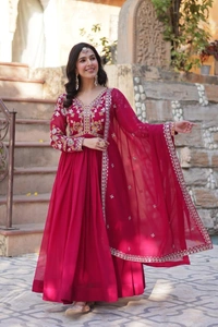 Azorte Fashion Elegant Faux Blooming Gown with Zari Sequins Embroidery & Designer Dupatta – Perfect for Festive & Party Wear - Shiraz, M (38)